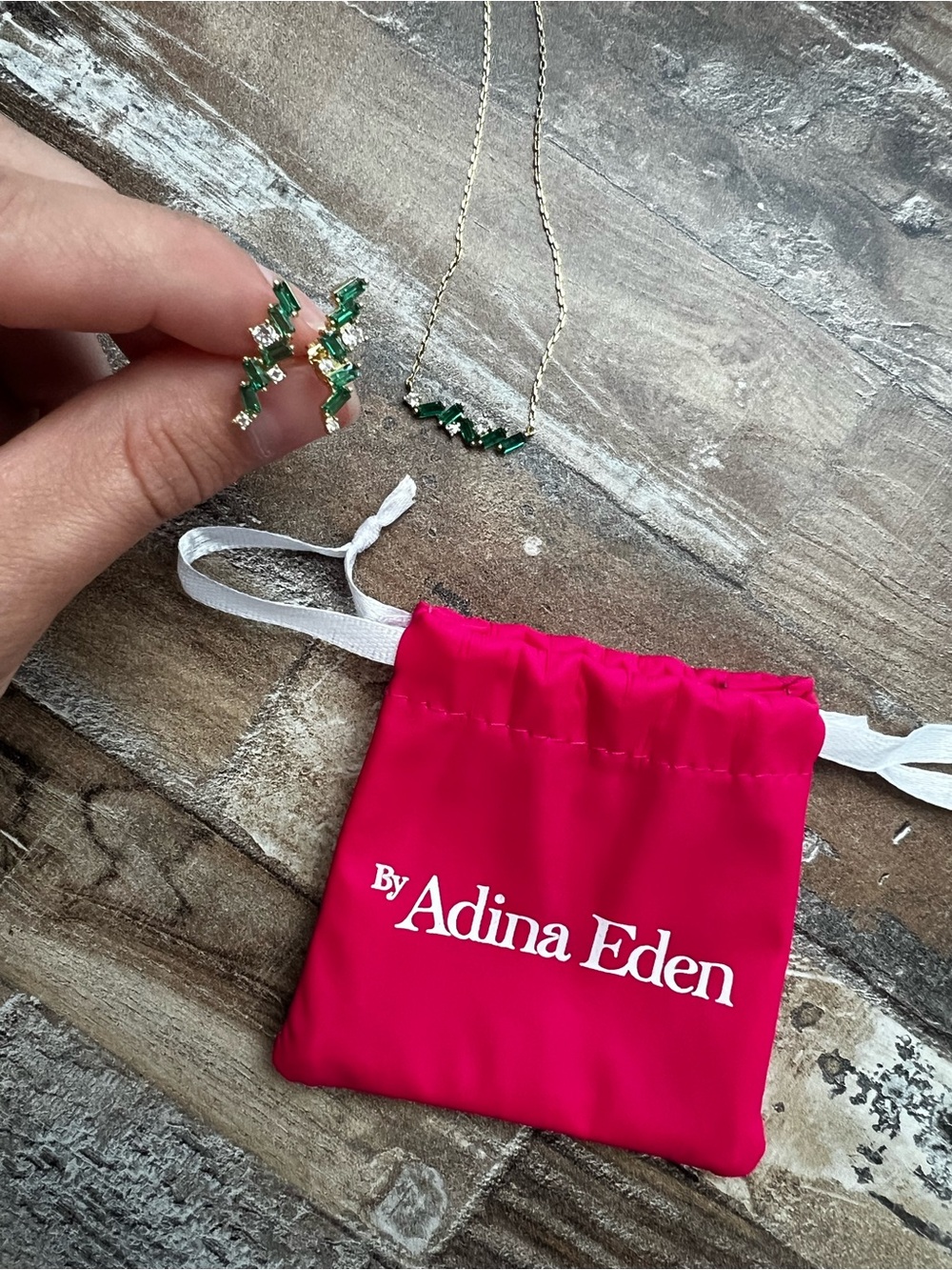 Adina Eden Gold Necklace & Earring Set with Emerald Green CZ Baguettes